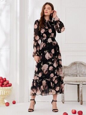 SHEIN Black Floral Long Sleeve Midi Dress with Pink Blooms
